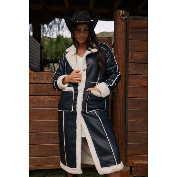 12th Tribe Eliza Black and Sherpa Long Coat Size SS - Picture 2 of 3